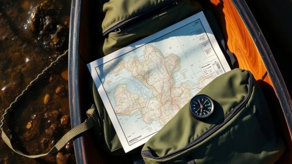 Map and compass in canoe highlight magnetic anomalies affecting navigation.