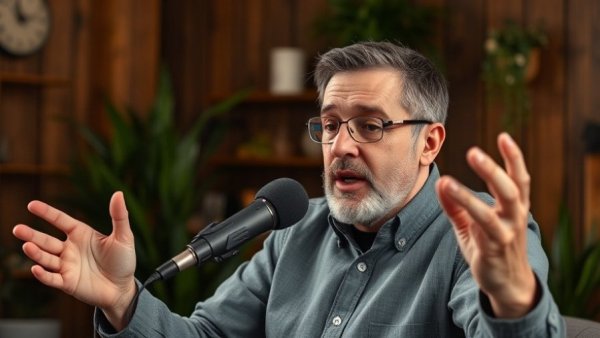 Middle-aged man podcasting in Wisconsin studio for travel discussion.