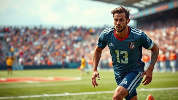 Dynamic football player running on field, intense action shot