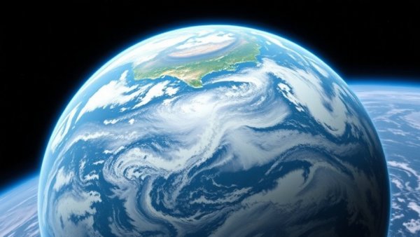 Realistic view of Earth from space, vibrant colors.