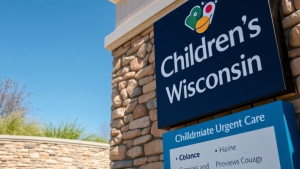 Person outside Children's Wisconsin with urgent care sign in bright sunlight.