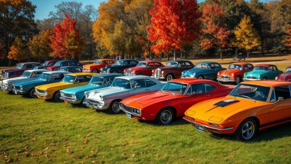 Classic cars lined up on grass during Wisconsin vacation.