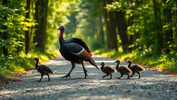 Wild turkey family on a path, illustrating cost of reproduction for wild turkeys