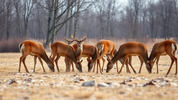 Deer grazing in Wisconsin field during season; natural winter setting.