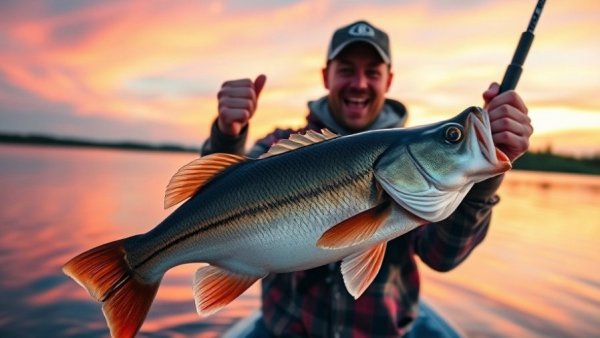 Wisconsin fishing spots highlighted with angler holding large catch at sunset.