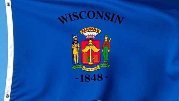 Wisconsin state flag with coat of arms and 1848 year.