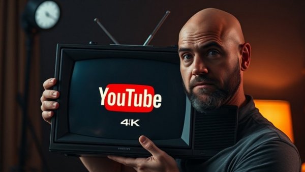 Modern bald man examines retro TV with YouTube logo; video marketing strategy.