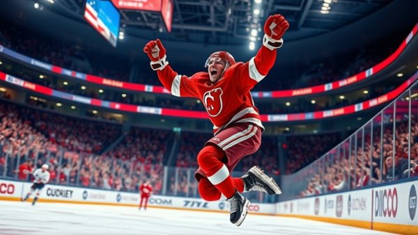 Wisconsin Badgers hockey player celebrating goal on ice rink