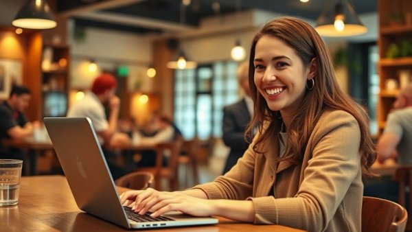 Young woman smiling at laptop in cafe, Make Money on Facebook 2026 research.