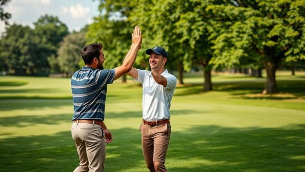 Friends celebrating on a Wisconsin golf course high-fiving