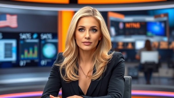 Professional woman in news studio setting.