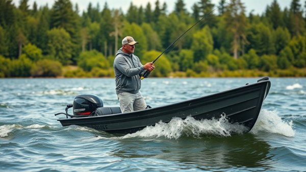 Angler in Wisconsin casting for trophy bass in lush, serene lake setting.
