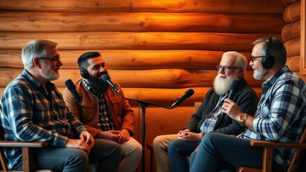 Wisconsin travel discussion in rustic cabin setting with podcast hosts.