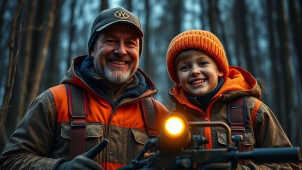 Father and son in orange hunting jackets in Wisconsin woods at night.