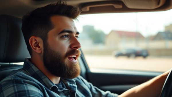 Casual man in car sharing list building strategies, natural lighting.