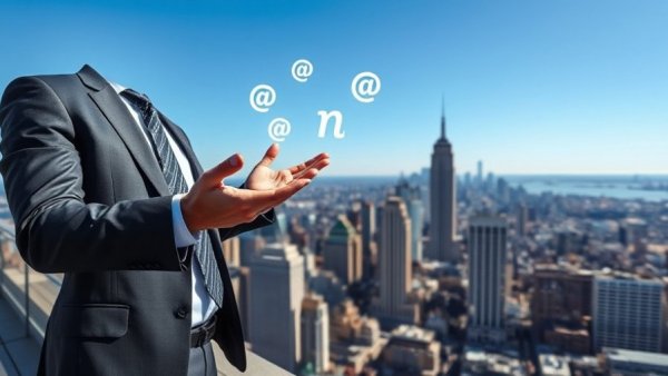 Businessman distributing email symbols over cityscape, press release distribution.