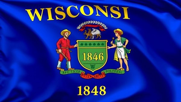 Wisconsin state flag emblem with blue backdrop, 1848.