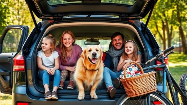 Wisconsin family road trip preparation with bike and picnic basket.