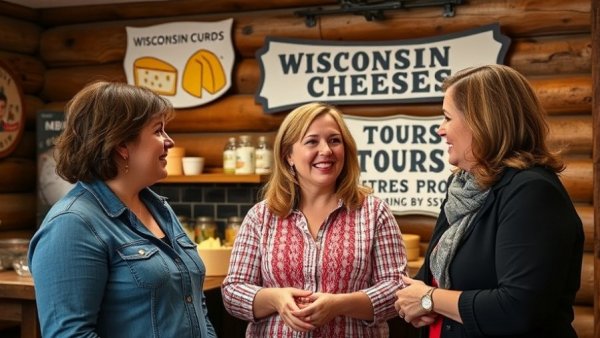Discussion about Wisconsin cheese tours in a rustic cabin setting.