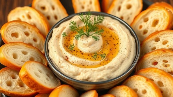 Creamy smoked fish dip with toasted baguette slices.