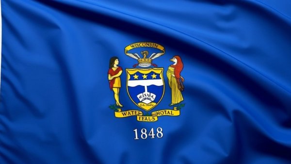 Wisconsin state flag emblem on a blue background