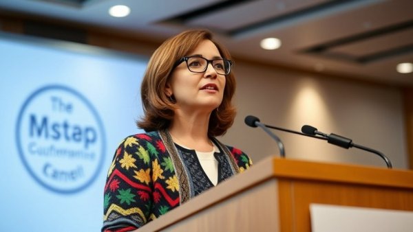 Wisconsin family health speaker at conference with logo backdrop.