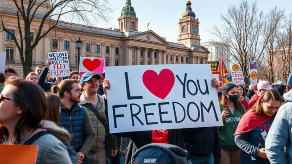 Outdoor protest with sign 'We Love Our Freedom' signifying social media content pillars.