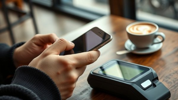 Contactless payment with smartphone in café, digital wallets for personal finance.