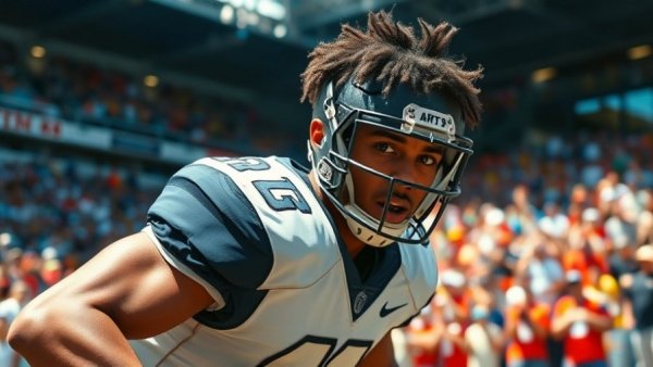 Athletic football player in action on the field.