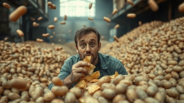 Curious man eating potato chips with potatoes, Where Your Potato Chips Really Come From backdrop.