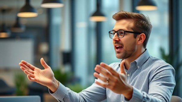 Man explaining website traffic generation in modern office