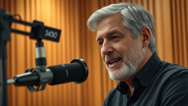 Middle-aged man speaking into microphone against wooden panel wall, cinematic shot.