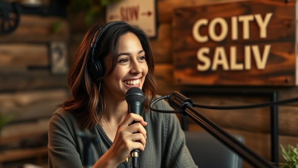 Woman discussing Wisconsin wellness events in a cozy studio.