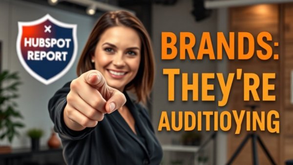 Confident woman pointing in a Hubspot Report setting, creator economy trends.