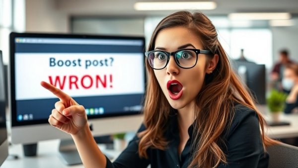 Shocked woman points at 'Boost post?' and 'WRONG!' on screen, concept of boosting Facebook posts.