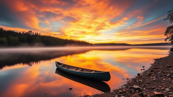 Canoe on a tranquil Wisconsin lake at sunrise with vibrant sky.