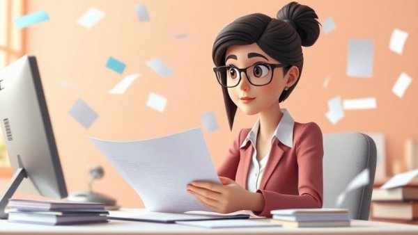 Animated managing editor role in content marketing, editing at desk.