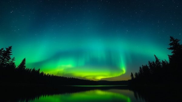 Aurora Borealis over Boundary Waters in vibrant green hues.