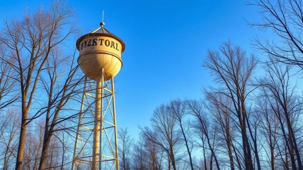 Historic water tower in winter, Wisconsin family vacations.