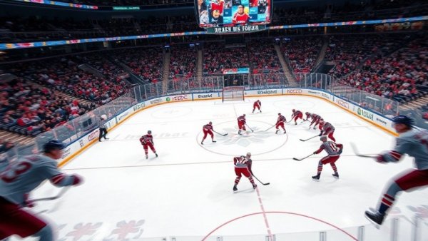 Dynamic ice hockey game with players competing, vivid stadium lighting.