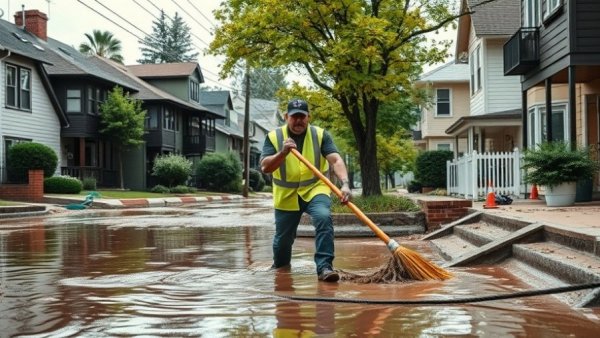 Person in yellow vest cleaning flood damage in a residential area with utility vehicle.