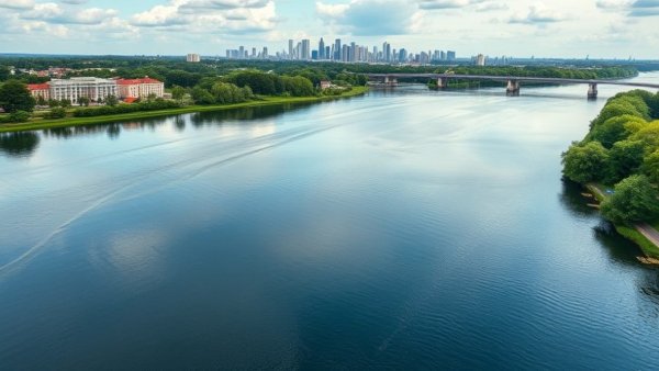 Wisconsin travel: riverside cityscape with modern skyline and green parks.