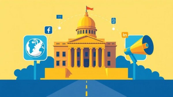 Illustration of marketing with classical building and social media.