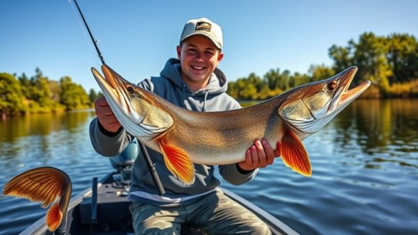 Young angler with large muskie at Wisconsin fishing spot