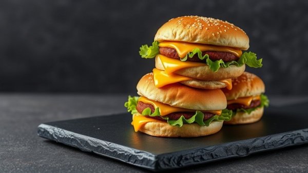 Appetizing Big Mac sliders on slate board with soft lighting.