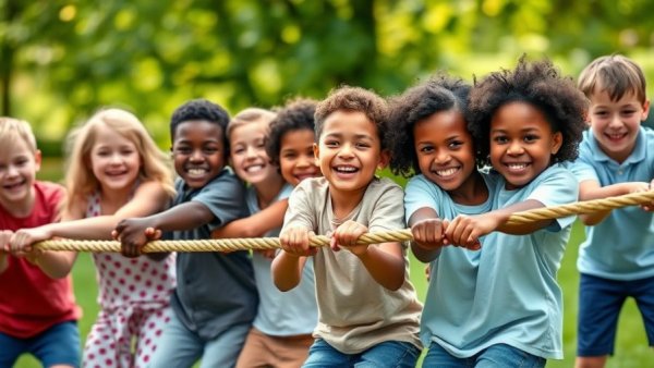 Children at camp enhancing social skills through tug-of-war