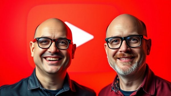 YouTube video marketing strategy with two men and play button backdrop.