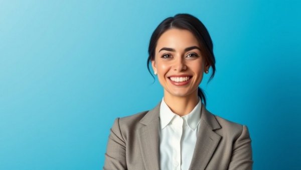 Social media marketing campaign with professional woman and success metrics.