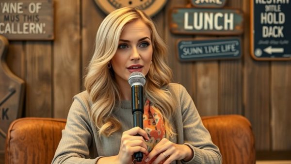 Blonde woman podcasting in rustic studio, Wisconsin travel discussion
