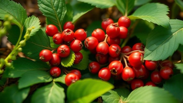 Vibrant red ginseng berries among lush leaves, illustrating ginseng genetics impact.